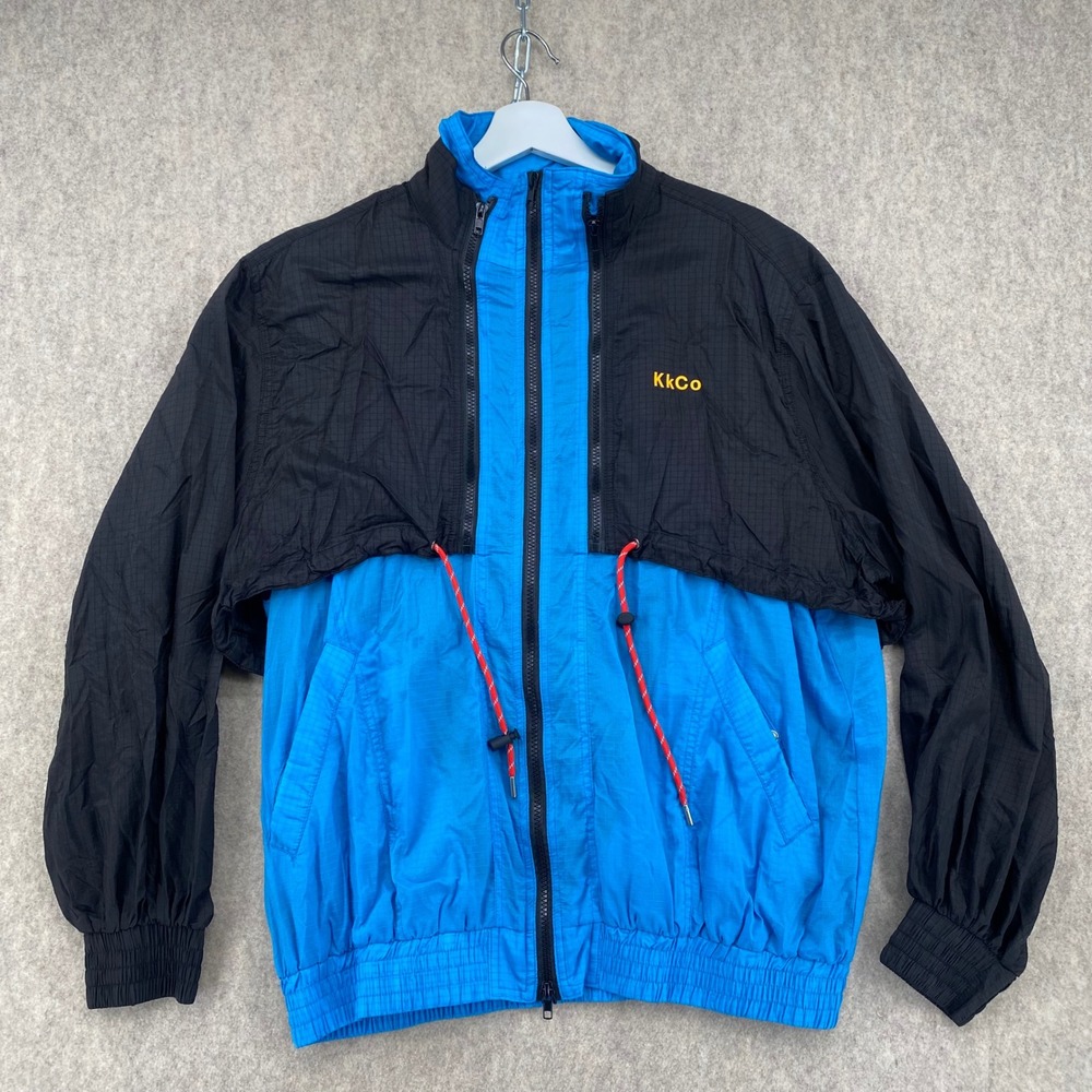 KkCo Outside Ripstop Windbreaker Jacket Blue Black Flower Patch Mens Large